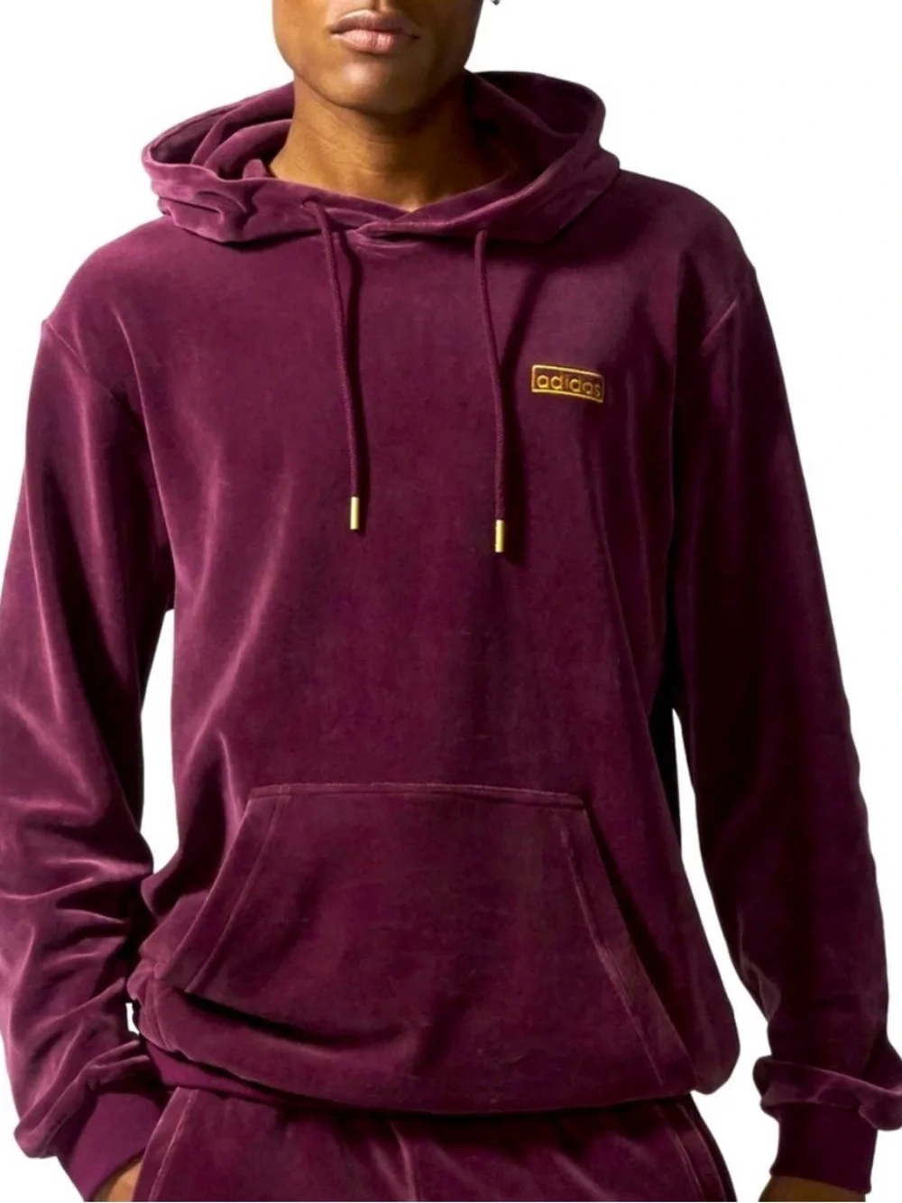 adidas Retro Velour Hoodie Sweatshirt Maroon Burgundy Mens Medium